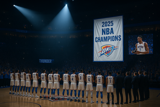 OKC Thunder ring ceremony on opening night with spotlight, players receiving rings, and banner raising before tipoff — leading to the 2025 OKC ring replica pre-orders at GameDayRings.com