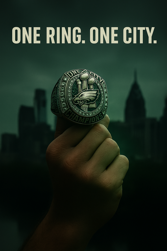 A cinematic image of a fan holding up a championship-style Eagles ring with glowing green light and the phrase “One Ring. One City.” set against a moody Philadelphia skyline.