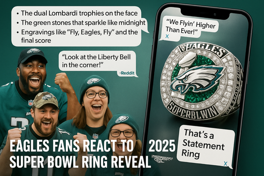 A digital collage featuring Eagles fans reacting to the 2025 Super Bowl ring reveal on social media, with highlighted comments and ring close-ups.