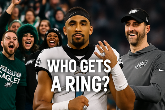 A bold visual showing Eagles fans, players, and coaches with Super Bowl rings, highlighting the phrase “Who Gets a Ring?” to introduce ring distribution insights.