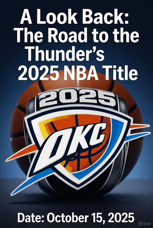 Oklahoma City Thunder stars Shai Gilgeous-Alexander, Chet Holmgren, and Jalen Williams celebrating their 2025 NBA Championship — the road leading to the first OKC Thunder ring replica release at GameDayRings.com.