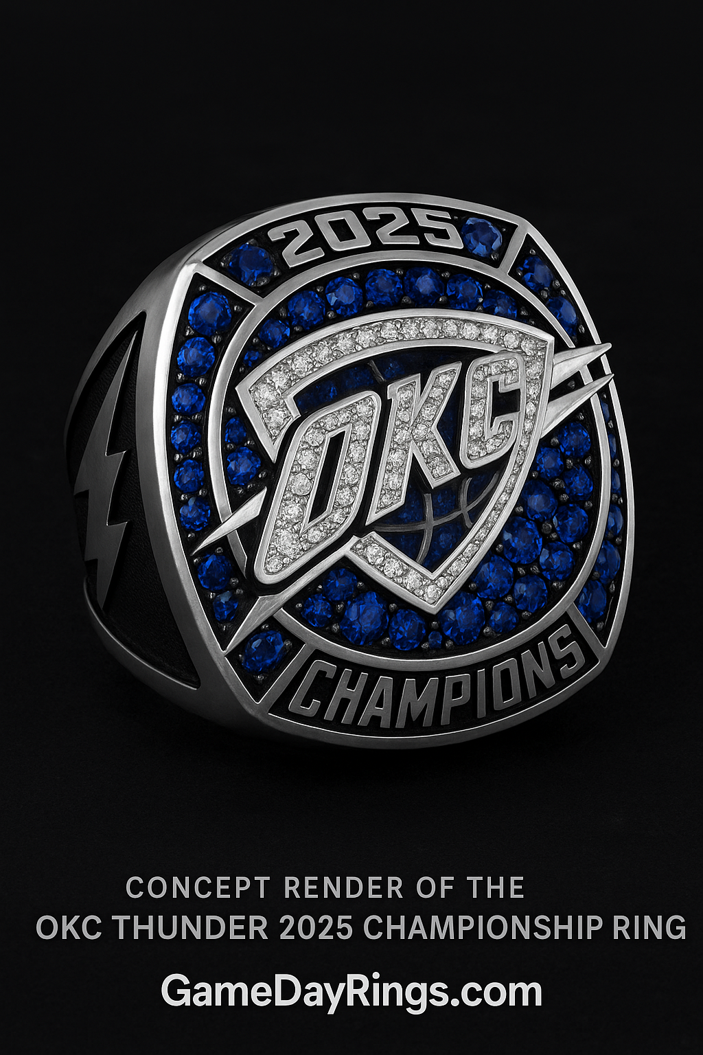Concept render of the Oklahoma City Thunder 2025 Championship Ring with blue gemstones, silver finish, and lightning bolt details, previewing the replica release at GameDayRings.com.