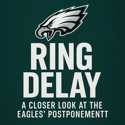 Digital graphic featuring the Philadelphia Eagles logo above the bold headline "Ring Delay" with the subtext "A Closer Look at the Eagles’ Postponement" on a dark green background.