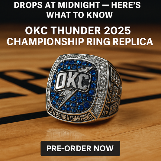OKC Thunder 2025 Championship Ring Replica on a hardwood court with silver and blue details, promoting the midnight pre-order launch at GameDayRings.com.