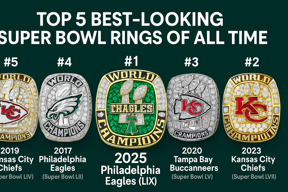 A ranked collage of the top 5 best-looking Super Bowl rings, featuring the 2025 Eagles ring at #1 surrounded by rings from the Chiefs, Buccaneers, and Patriots.