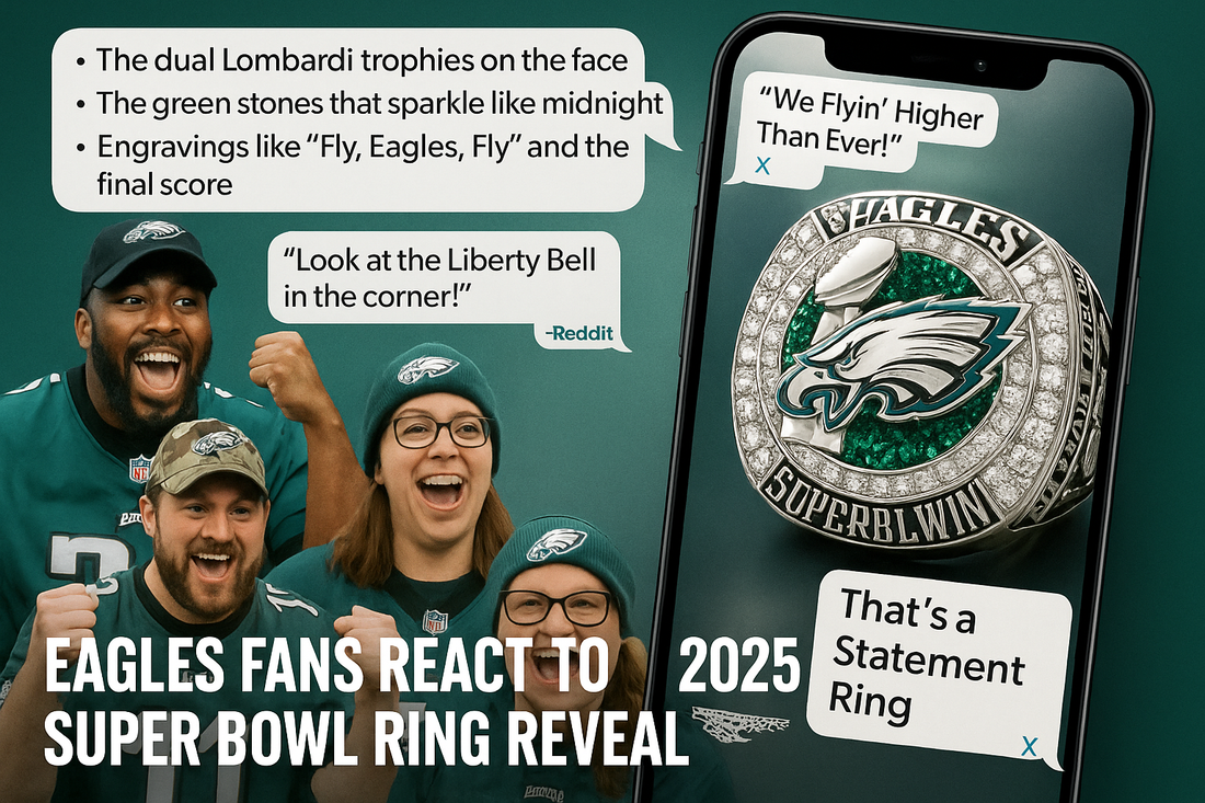 A digital collage featuring Eagles fans reacting to the 2025 Super Bowl ring reveal on social media, with highlighted comments and ring close-ups.