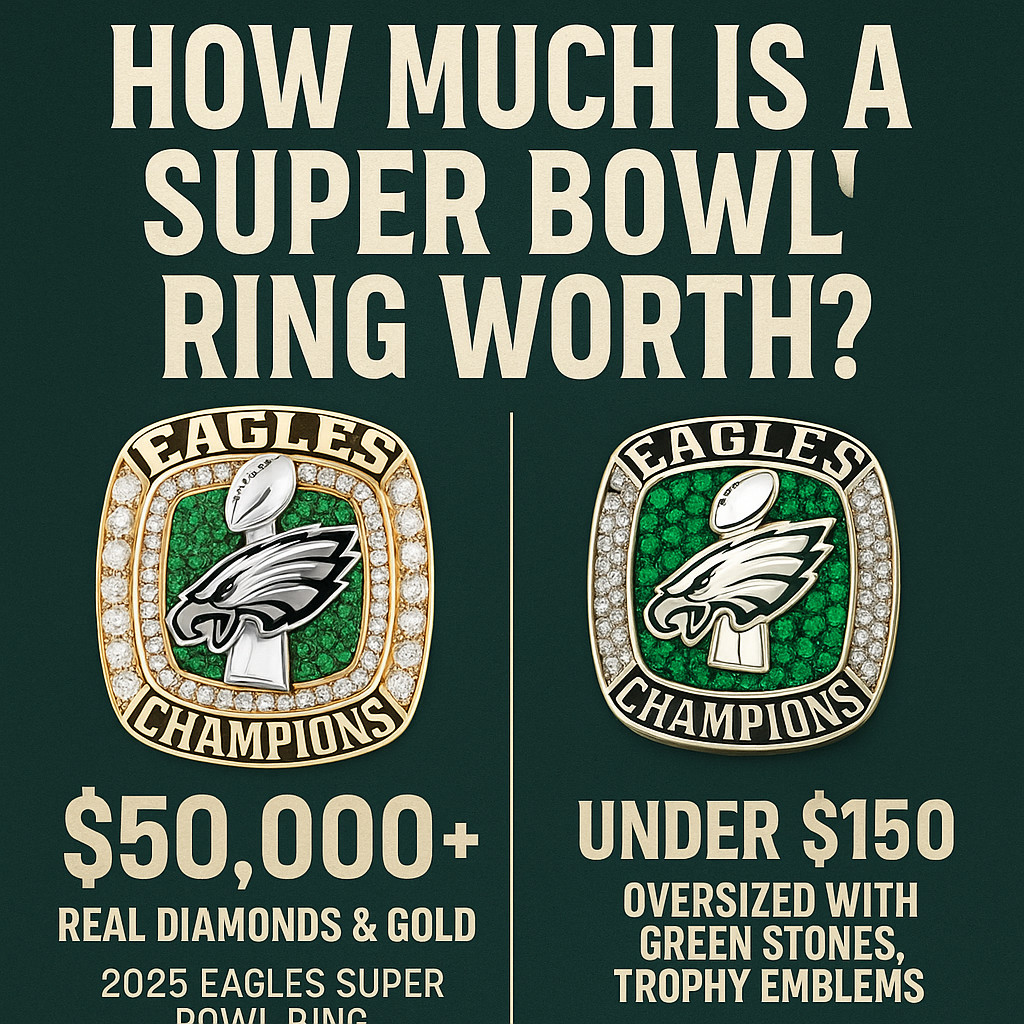 Side-by-side visual showing the value of a real 2025 Eagles Super Bowl ring versus a fan edition, with cost comparisons and design highlights.