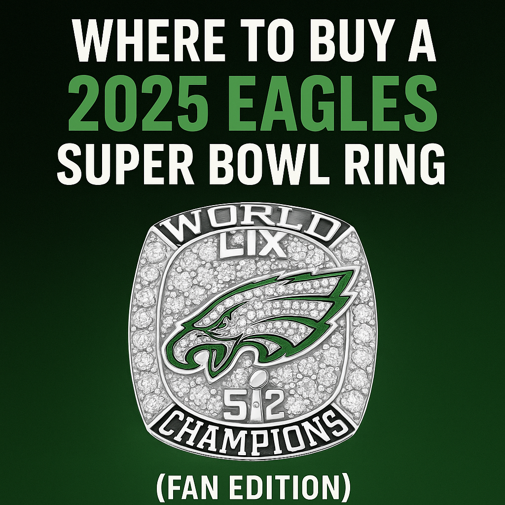 Glowing green promotional graphic with silhouette of a Super Bowl ring and the text “The 2025 Philadelphia Eagles Super Bowl Ring: What We Know So Far,” set against a dark background to build mystery and hype.