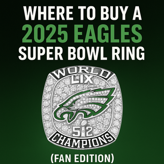 Glowing green promotional graphic with silhouette of a Super Bowl ring and the text “The 2025 Philadelphia Eagles Super Bowl Ring: What We Know So Far,” set against a dark background to build mystery and hype.