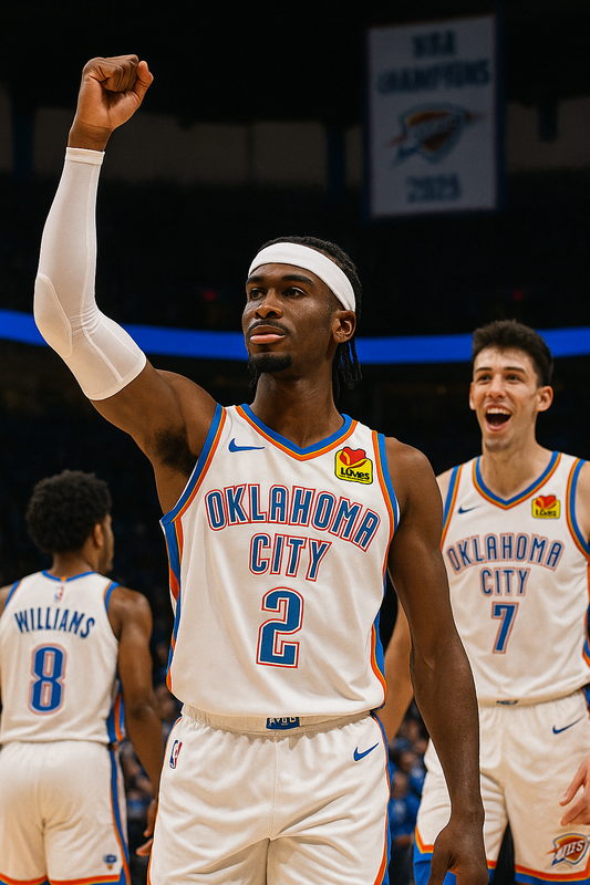 Shai Gilgeous-Alexander leading the Oklahoma City Thunder into a new championship era, symbolizing the team’s rise from rebuild to greatness before the 2025 ring release at GameDayRings.com.