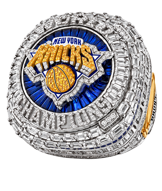 New York Knicks 2026 championship ring face with blue sapphire design and orange Knicks logo