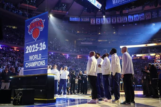 2025–26 Knicks World Champions banner rising at Madison Square Garden, October 20, 2026